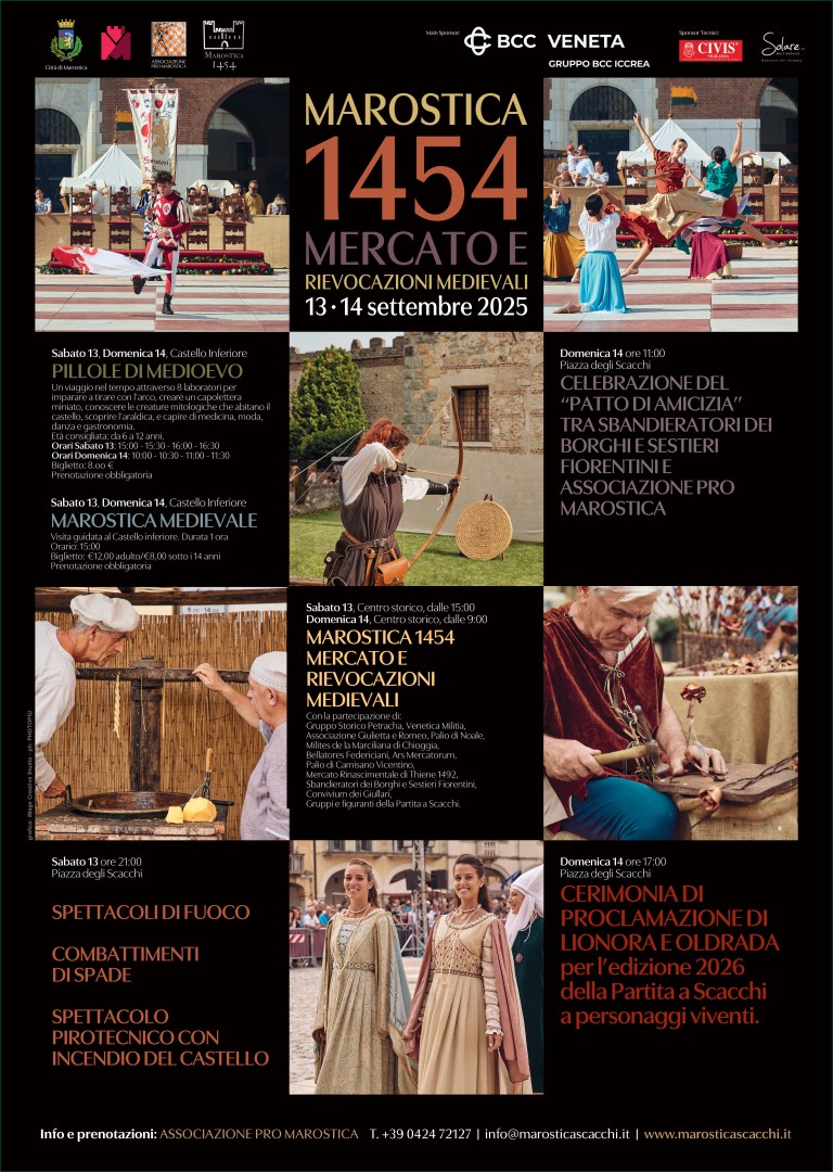 On Saturday 13 and Sunday 14 September 2025, Marostica will come alive with a spectacular historical reenactment, featuring markets, performances, and hands-on workshops presented by some of Italy’s most authentic historical groups.