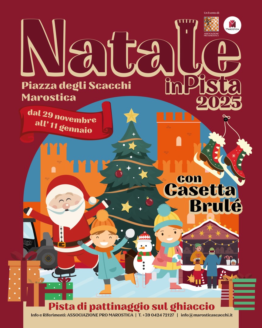 Marostica on Ice: la magia torna in Piazza degli Scacchi!<br />
<br />
Dal 29 novembre 2025 all’11 gennaio 2026, Marostica si trasforma in un luogo da fiaba.<br />
<br />
Inaugurazione sabato 29 novembre alle ore 18:00 con accensione dell'albero di natale e della cinta muraria