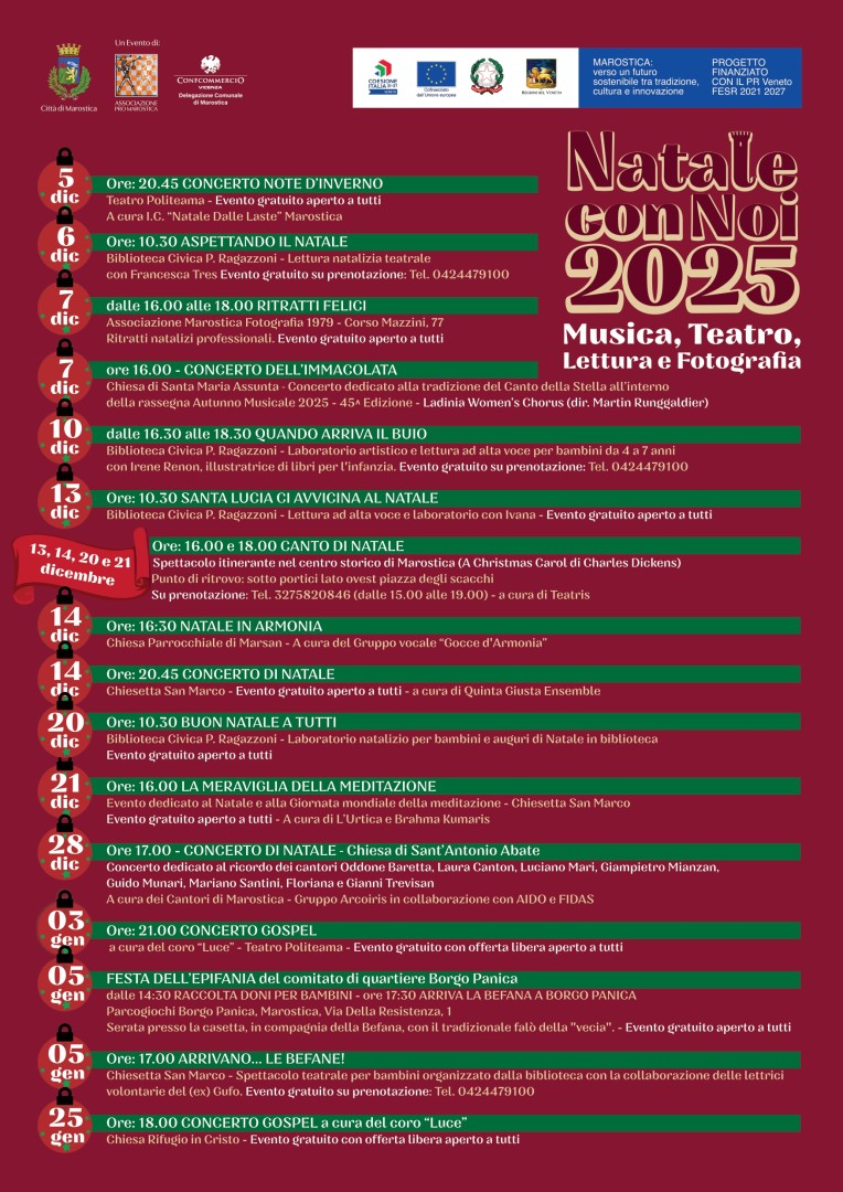 Passeggiate panoramiche e attivit&agrave; di intrattenimento&nbsp;Marostica
<p>Moltissime sono le iniziative che animano il Centro storico e le frazioni durante le festivit&agrave; natalizie e del Capodanno concludendo con l'Epifania.<br />
Dalla pista di pattinaggio su un manto ghiacciato di 500 metri quadri, che custodisce al centro l&rsquo;albero di Natale con la casetta del vin brul&egrave;, ai concerti, ai mercatini domenicali, fino alle mostre,<br />
ai giochi e alle animazioni per i pi&ugrave; piccoli: il cartellone di appuntamenti non mancher&agrave; di accontentare tutti i gusti e tutte le et&agrave;.<br />
Il Comune di Marostica, Confcommercio, Confartigianato e Pro Marostica insieme alle associazioni, ai gruppi e a tantissimi volontari collaborano insieme per abbellire tutti gli angoli del nostro<br />
territorio e renderlo punto di attrazione con i mercatini di natale, animazione durante la Vigilia, la sfilata dei Babbi Natale, i Canti di Natale, il concerto di canzoni natalizie e l&rsquo;atteso<br />
spettacolo pirotecnico con "l&rsquo;incendio" del Castello Inferiore.<br />
"Natale con Noi" a Marostica &egrave; anche festa dell&rsquo;Epifania, con il ritorno del tradizionale &ldquo;rogo della vecia&rdquo; e l'arrivo della Befana con i doni per i bambini.<br />
Evento conclusivo della manifestazione &egrave; generalmente &ldquo;Pignate in pista&rdquo;, la gara di curling con pentole di minestrone divenuta un vero cult!</p>
