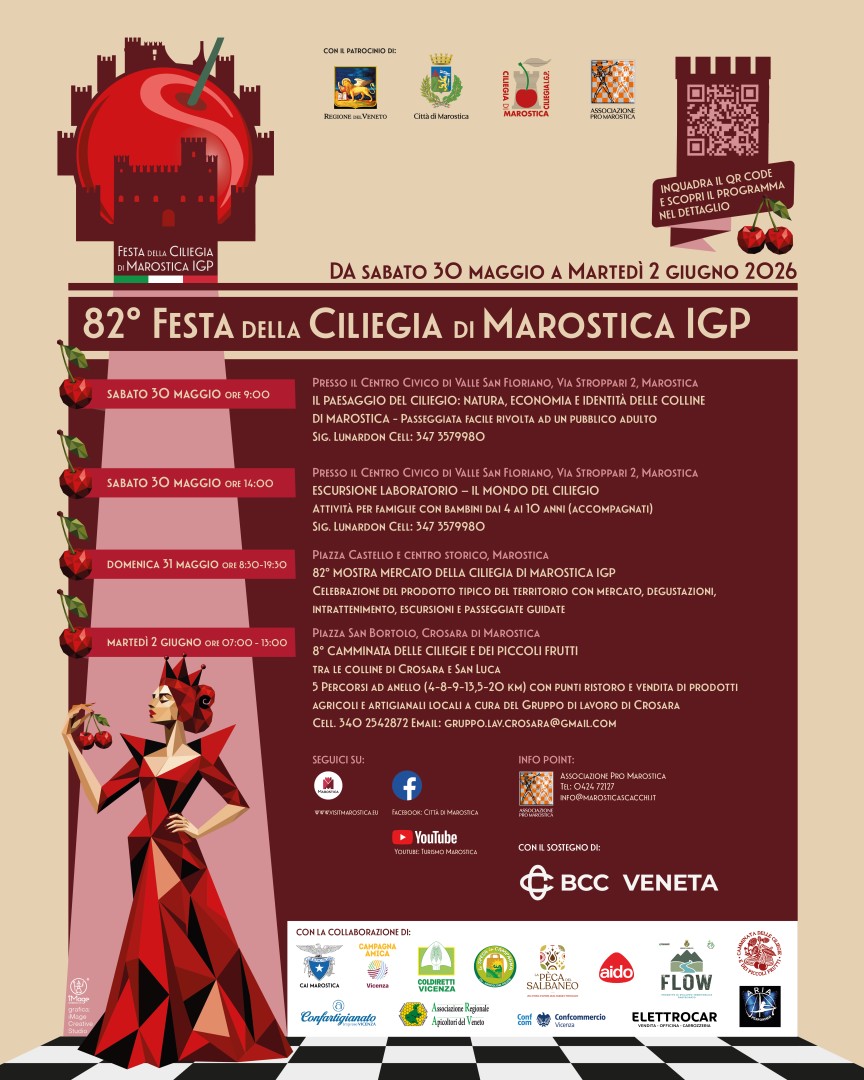 Dal 30 maggio al 2 giugno, quattro giorni in cui a Marostica si vivr&agrave; un'atmosfera unica, fatta di&nbsp;degustazioni e mostra mercato, escursioni e passeggiate guidate tra i ciliegi, attivit&agrave; per famiglie e bambini, incontri culturali e laboratori, musica, intrattenimento e valorizzazione del territorio!