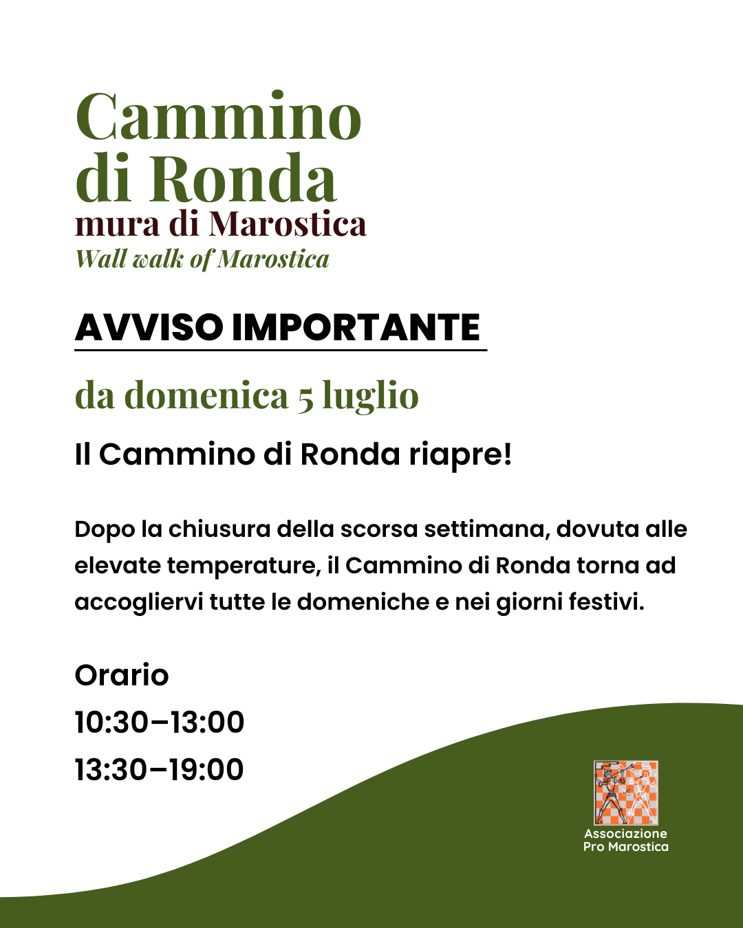Il Cammino di Ronda riapre!<br />
<br />
Dopo la chiusura della scorsa settimana, dovuta alle elevate temperature, il Cammino di Ronda torna ad accogliervi tutte le domeniche e nei giorni festivi.