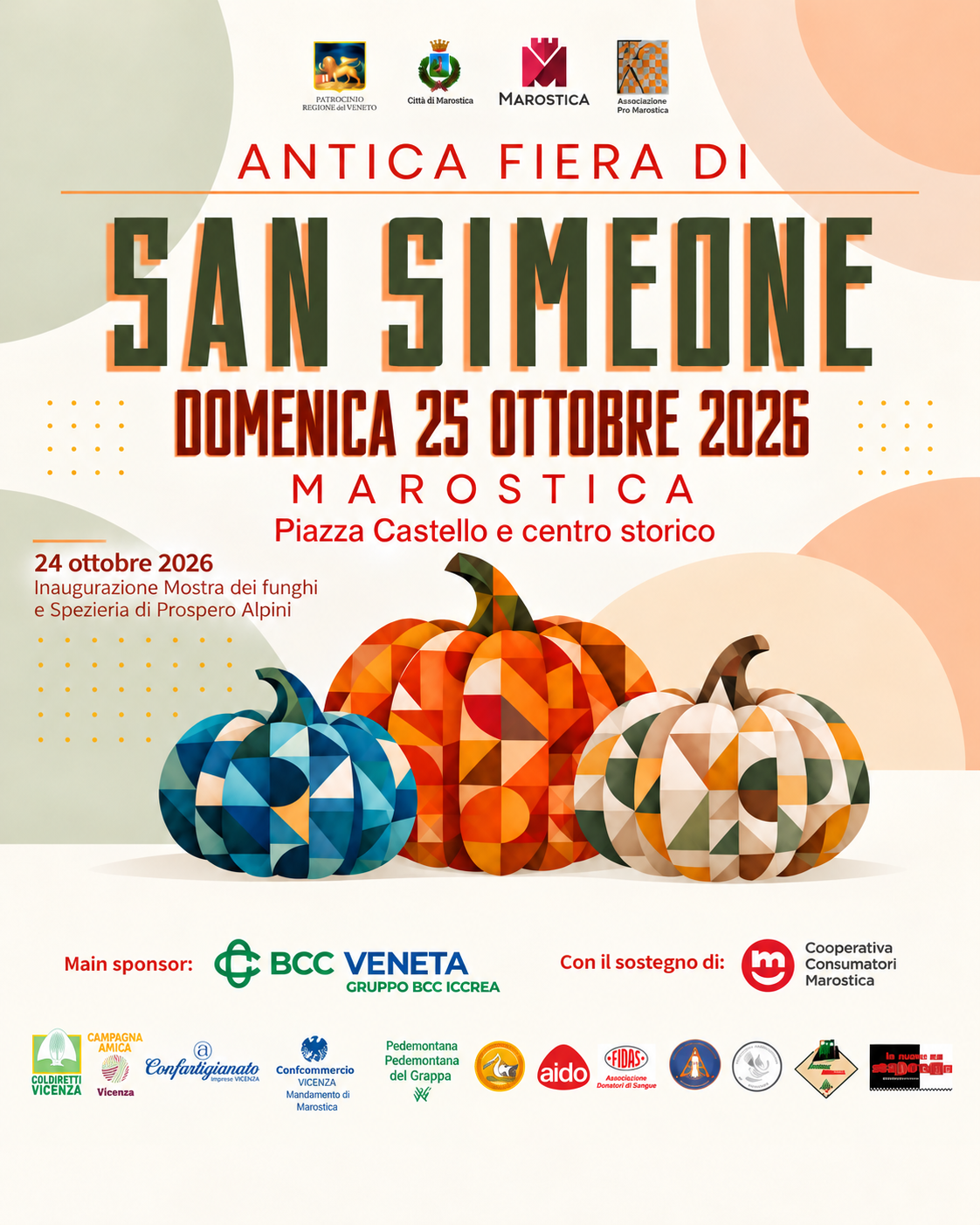 Domenica 25 ottobre 2026 torna l&rsquo;Antica Fiera di San Simeone, il tradizionale appuntamento che anima Marostica nell&rsquo;ultima domenica di ottobre. Festivit&agrave; dedicata al Santo Patrono e storico momento di Ringraziamento per la fine della stagione agricola, la Fiera propone un ricco programma di eventi tra storia, sapori e divertimento.