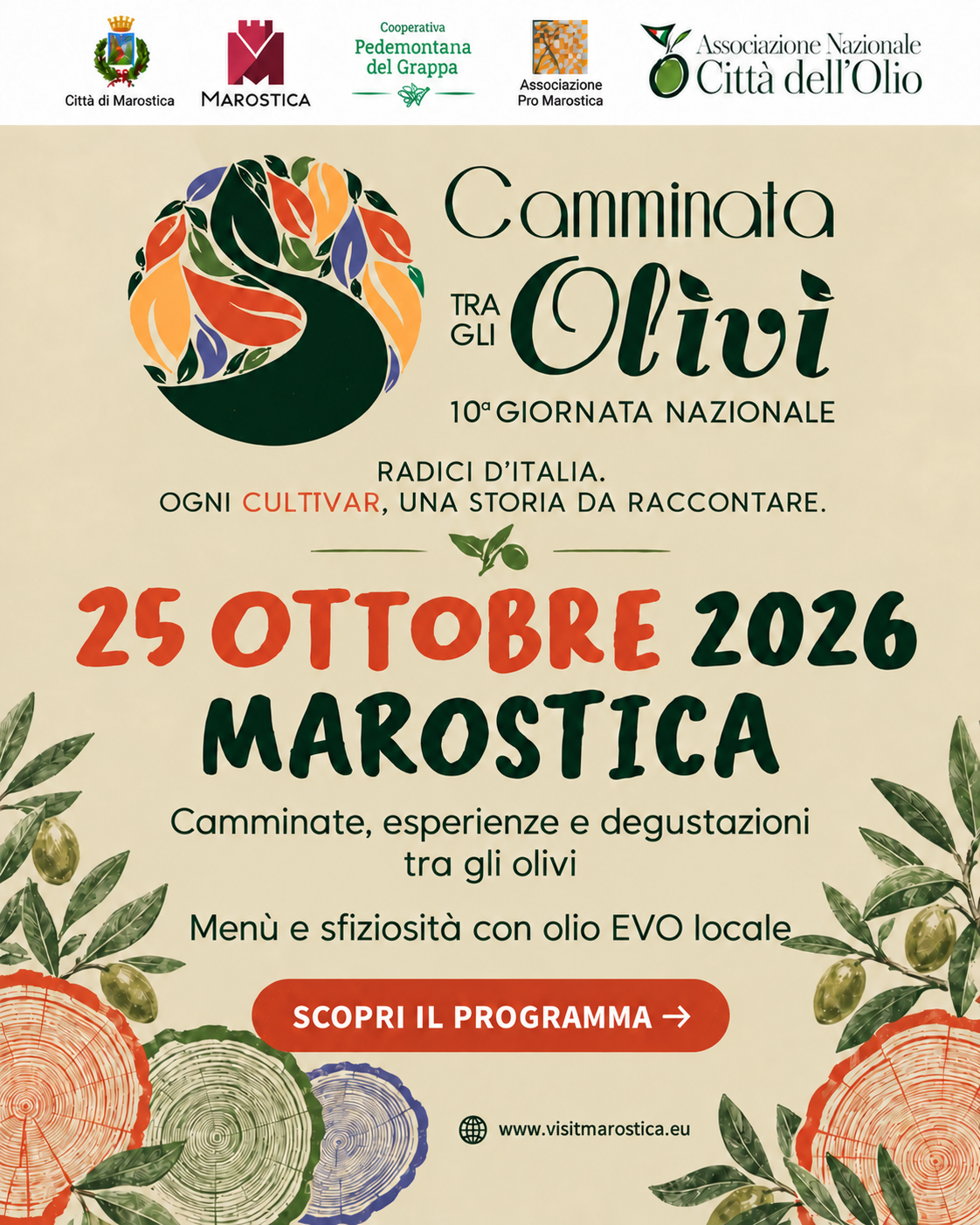 Passeggiate panoramiche e attivit&agrave; di intrattenimento Marostica.<br />
<br />
In occasione della Giornata Nazionale della "Camminata tra gli Olivi", promossa dall'Associazione Nazionale Citt&agrave; dell'Olio, l'Assessorato al Turismo e l'Assessorato all'Agricoltura e all'Ambiente del Comune di Marostica organizzano una giornata tematica per scoprire e degustare le varie specialit&agrave; di olio ed apprezzare le coltivazioni di olivo, presenti a Marostica in una chiave innovativa ed esperienziale che coinvolge tutto il territorio marosticense: dal centro di Marostica alle colline con panorami mozzafiato e preziosi esempi di valorizzazione ambientale con muretti a secco.<br />
<br />
Aziende agricole, ristoranti, fattorie didattiche e tante iniziative per grandi e piccini Vi aspettano nell&rsquo;estesa rete sentieristica di Marostica.